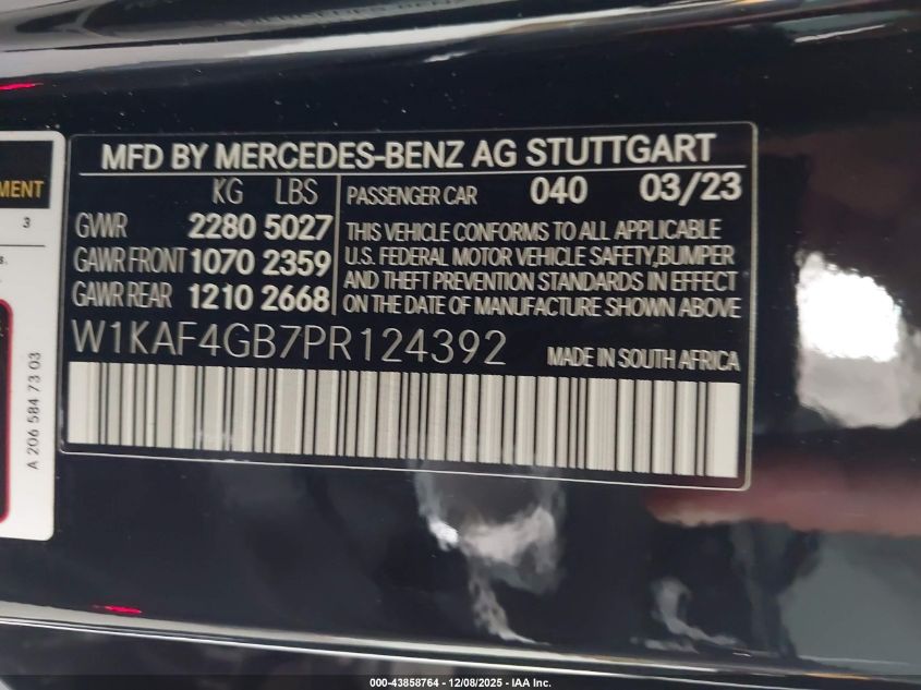 2023 Mercedes-Benz C 300 Sedan VIN: W1KAF4GB7PR124392 Lot: 43858764
