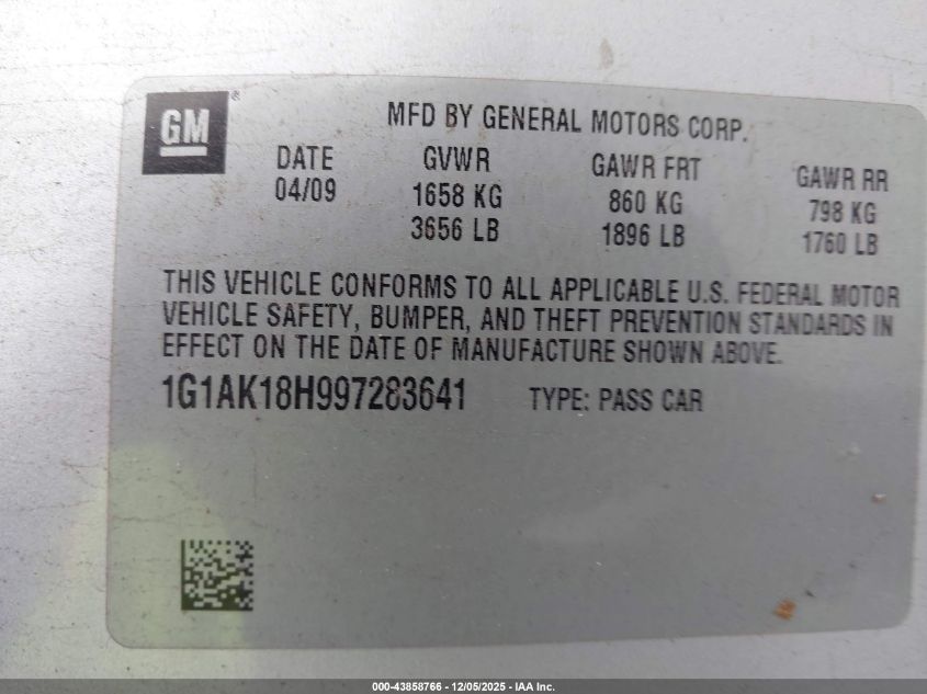 2009 Chevrolet Cobalt Ls VIN: 1G1AK18H997283641 Lot: 43858766