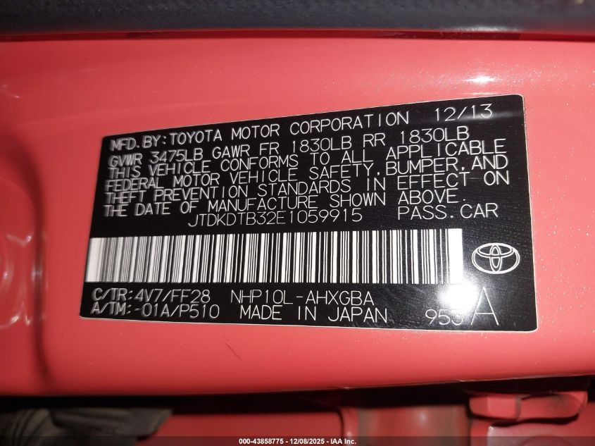 2014 Toyota Prius C Three VIN: JTDKDTB32E1059915 Lot: 43858775