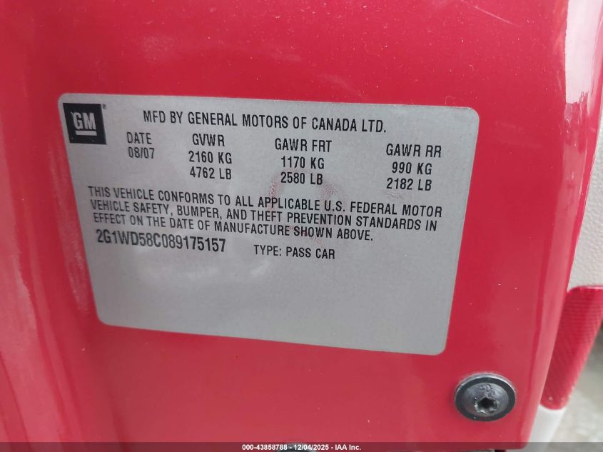 2008 Chevrolet Impala Ss VIN: 2G1WD58C089175157 Lot: 43858788