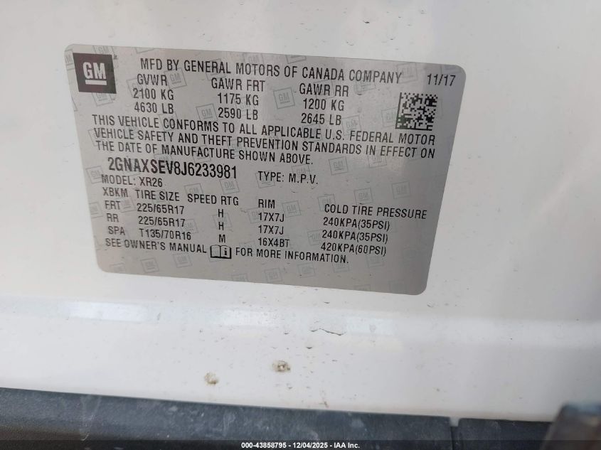 2018 Chevrolet Equinox Lt VIN: 2GNAXSEV8J6233981 Lot: 43858795