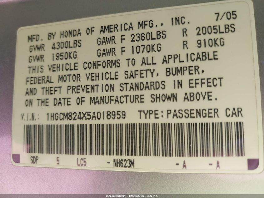 2005 Honda Accord 3.0 Lx Special Edition VIN: 1HGCM824X5A018959 Lot: 43858801