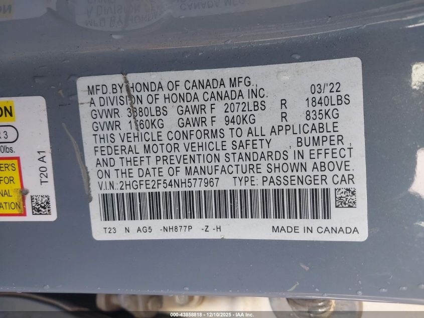 2022 Honda Civic Sport VIN: 2HGFE2F54NH577967 Lot: 43858818