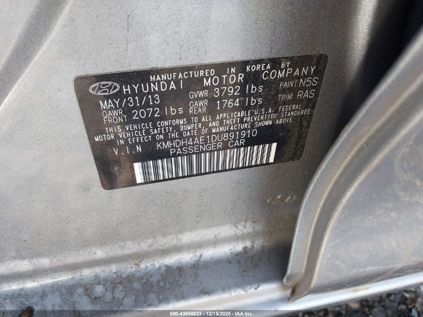 2013 Hyundai Elantra Gls VIN: KMHDH4AE1DU891910 Lot: 43858823