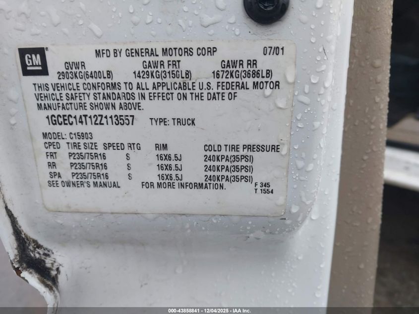 2002 Chevrolet Silverado 1500 VIN: 1GCEC14T12Z113557 Lot: 43858841