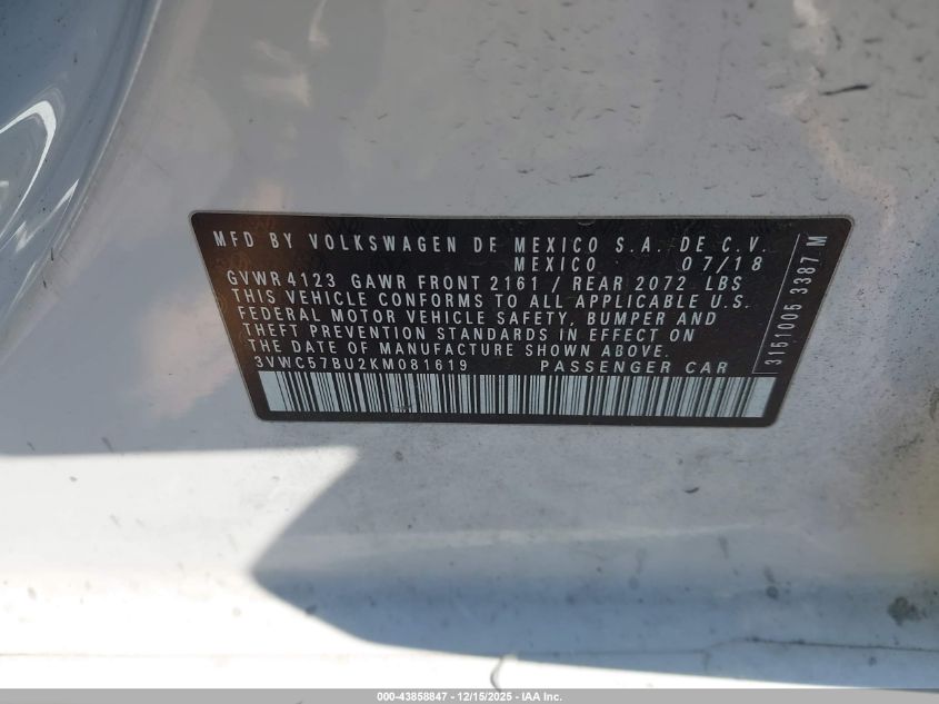 2019 Volkswagen Jetta 1.4T R-Line/1.4T S/1.4T Se VIN: 3VWC57BU2KM081619 Lot: 43858847