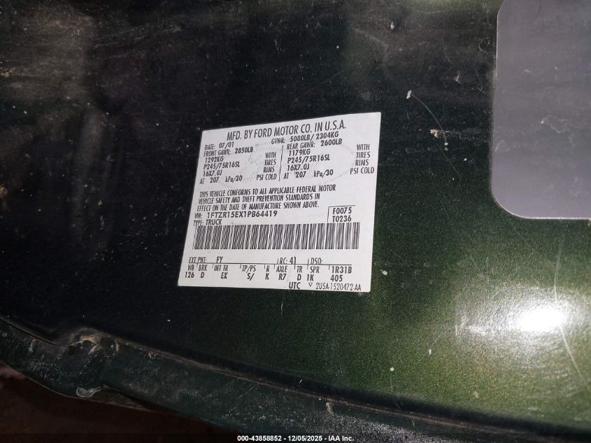 2001 Ford Ranger Edge/Xlt VIN: 1FTZR15EX1PB64419 Lot: 43858852