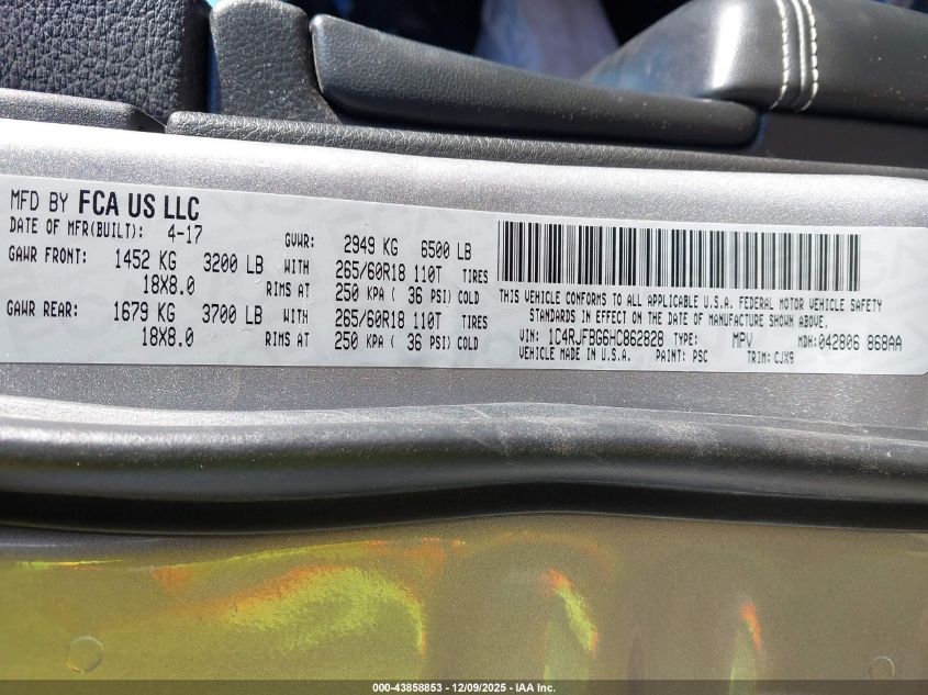 2017 Jeep Grand Cherokee Limited 4X4 VIN: 1C4RJFBG6HC862828 Lot: 43858853