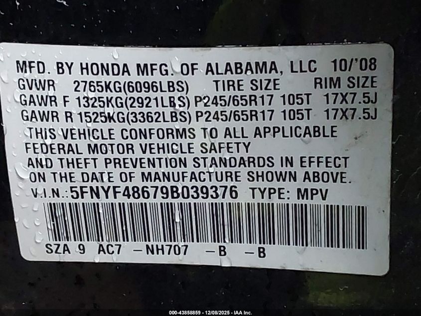 2009 Honda Pilot Ex-L VIN: 5FNYF48679B039376 Lot: 43858859