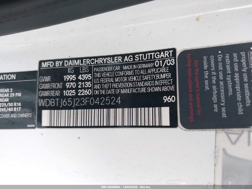 2003 Mercedes-Benz Clk 320 VIN: WDBTJ65J23F042524 Lot: 43858864
