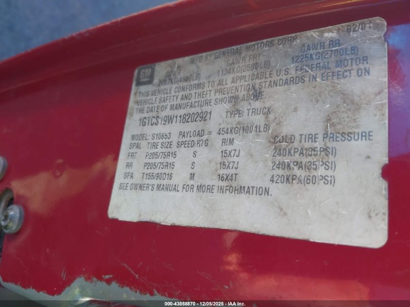 2001 GMC Sonoma Sls VIN: 1GTCS19W118202921 Lot: 43858870