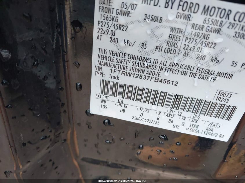 2007 Ford F-150 Lariat VIN: 1FTRW12537FB45612 Lot: 43858872