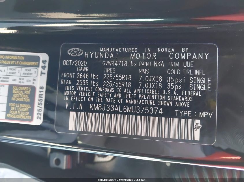 2021 Hyundai Tucson Limited VIN: KM8J33AL6MU375374 Lot: 43858879