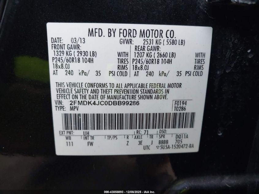 2013 Ford Edge Sel VIN: 2FMDK4JC0DBB99286 Lot: 43858893