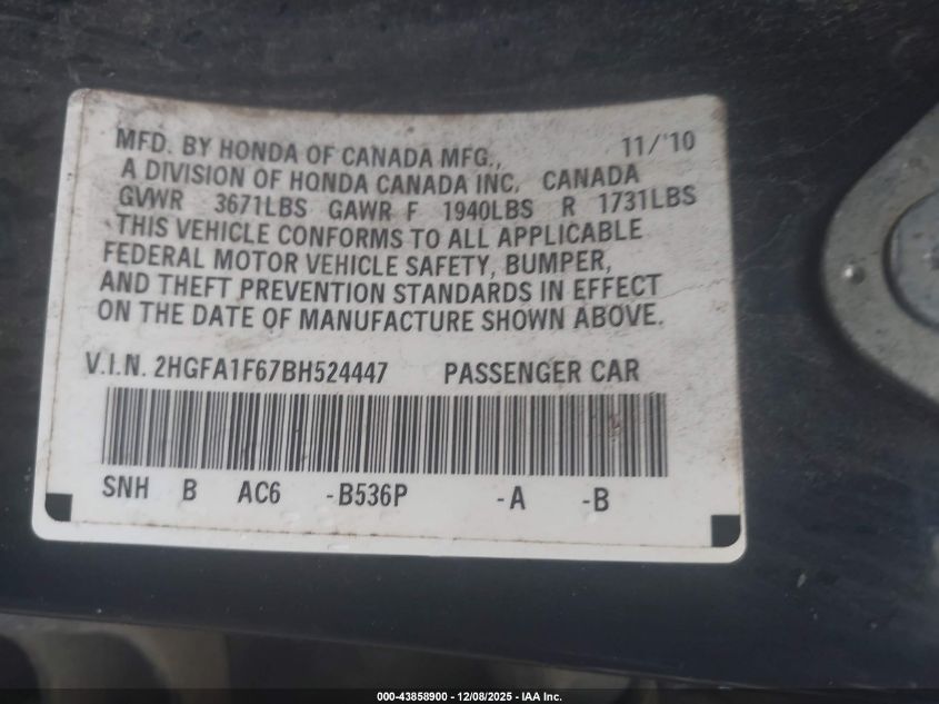 2011 Honda Civic Lx-S VIN: 2HGFA1F67BH524447 Lot: 43858900