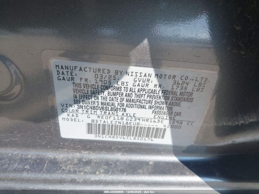 2025 Nissan Versa 1.6 S VIN: 3N1CN8DV6SL850176 Lot: 43858909