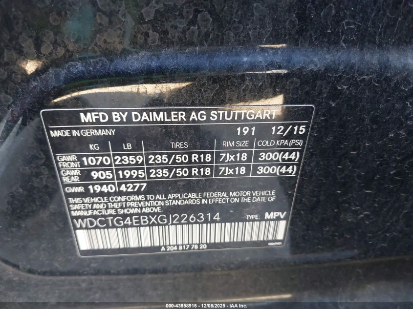 2016 Mercedes-Benz Gla 250 VIN: WDCTG4EBXGJ226314 Lot: 43858916