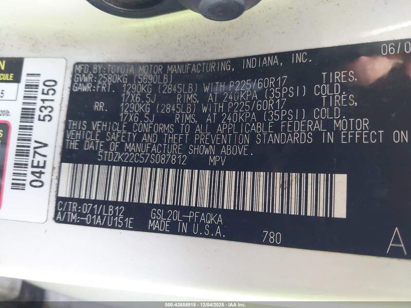5TDZK22C57S087812 2007 TOYOTA SIENNA photo no. 9