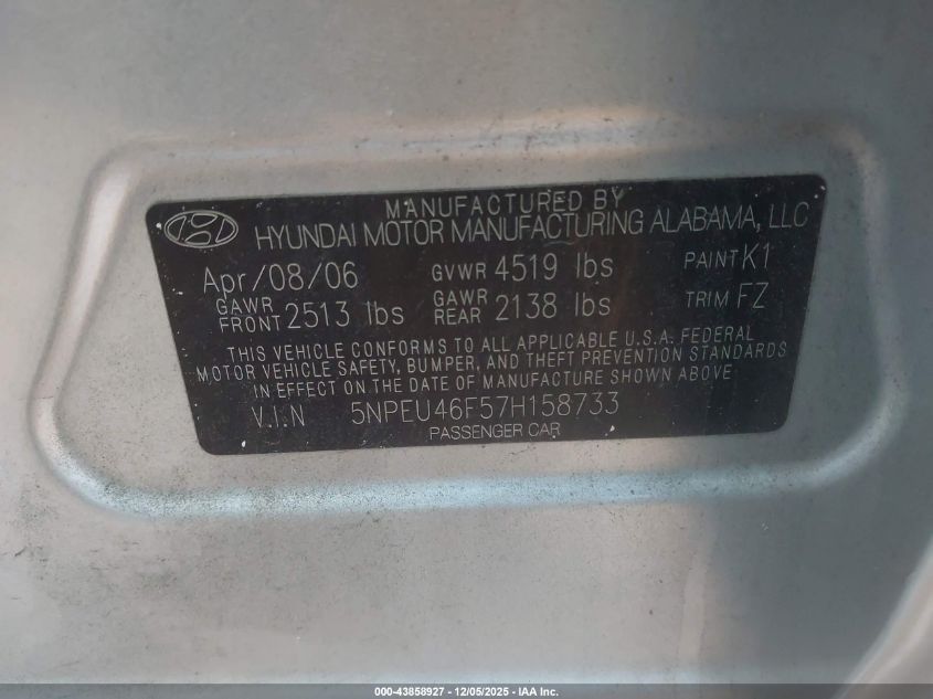2007 Hyundai Sonata Limited/Se V6 VIN: 5NPEU46F57H158733 Lot: 43858927