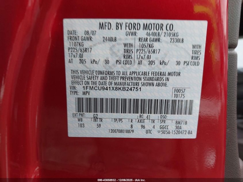 2008 Ford Escape Limited VIN: 1FMCU941X8KB24751 Lot: 43858932