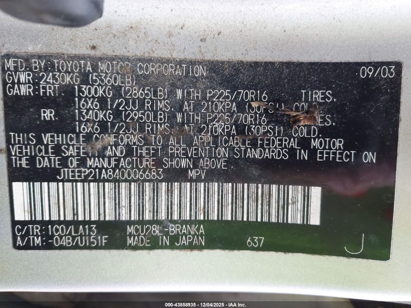 2004 Toyota Highlander V6 VIN: JTEEP21A840006683 Lot: 43858935