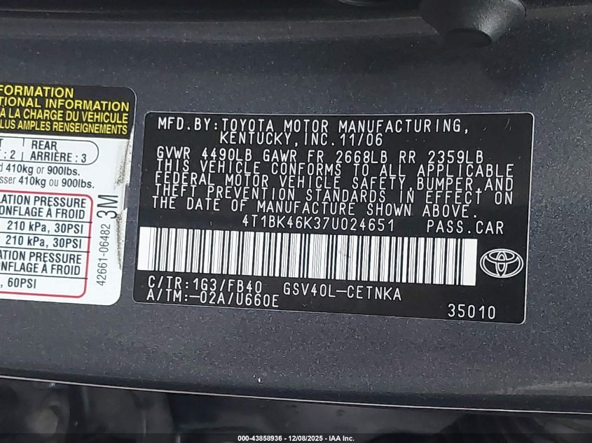 2007 Toyota Camry Le V6 VIN: 4T1BK46K37U024651 Lot: 43858936