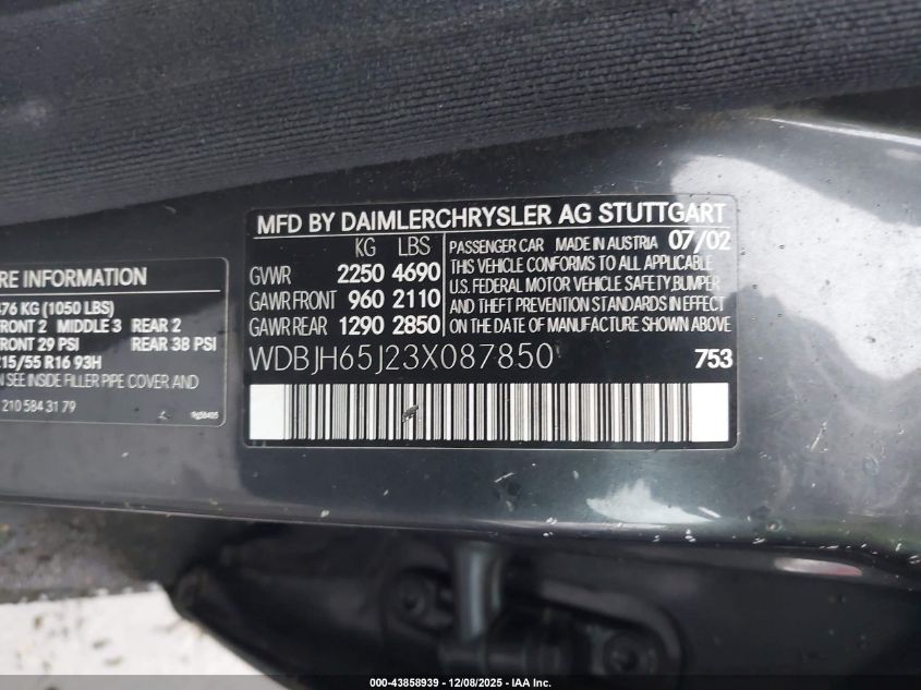 2003 Mercedes-Benz C 320 VIN: WDBJH65J23X087850 Lot: 43858939