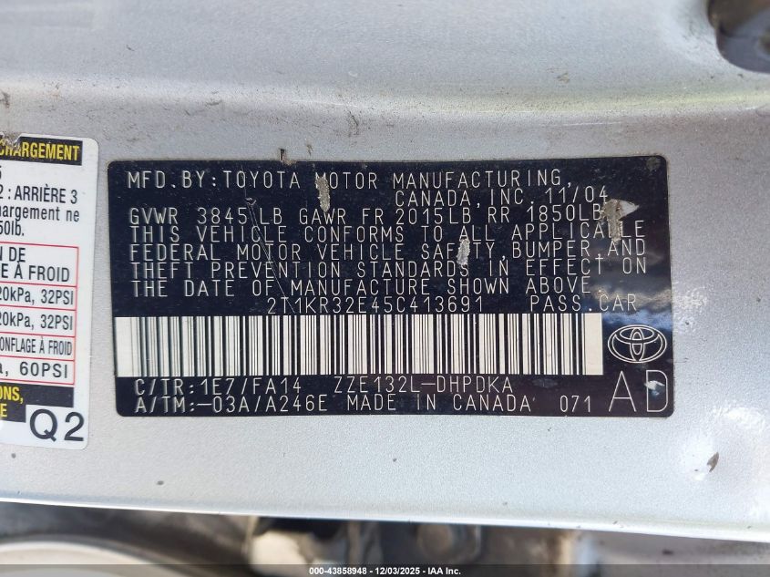 2005 Toyota Matrix VIN: 2T1KR32E45C413691 Lot: 43858948