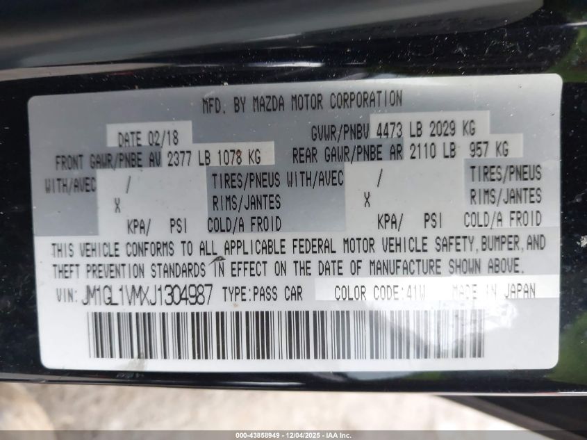 2018 Mazda Mazda6 Touring VIN: JM1GL1VMXJ1304987 Lot: 43858949