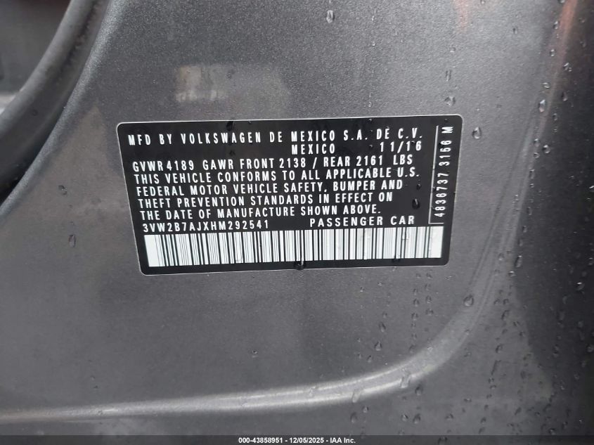 2017 Volkswagen Jetta 1.4T S VIN: 3VW2B7AJXHM292541 Lot: 43858951