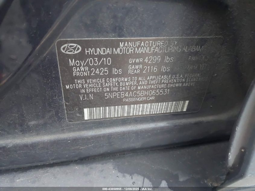 2011 Hyundai Sonata Gls VIN: 5NPEB4AC5BH065531 Lot: 43858955