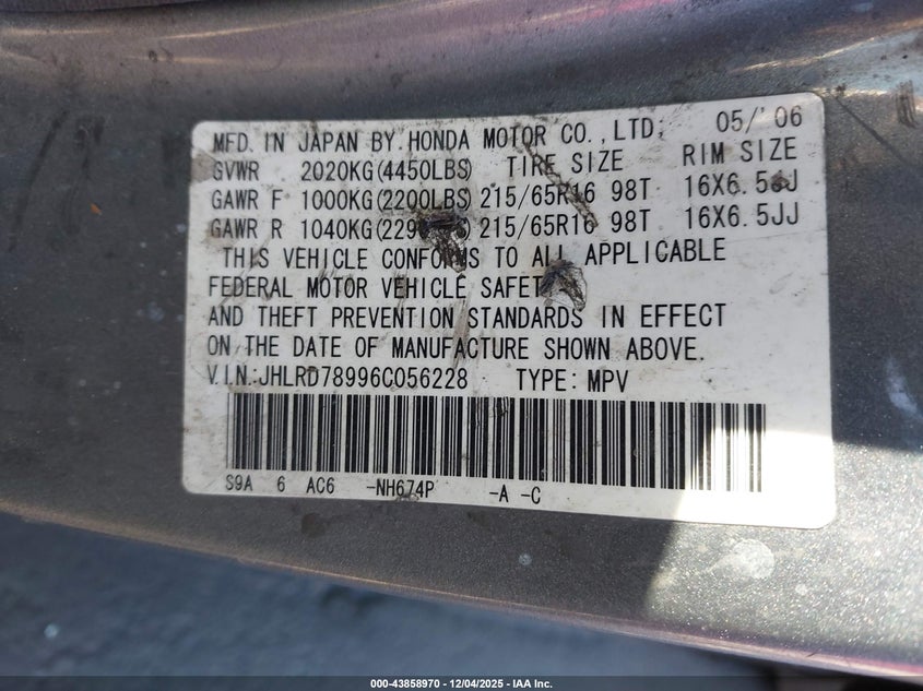 JHLRD78996C056228 2006 HONDA CR-V photo no. 9