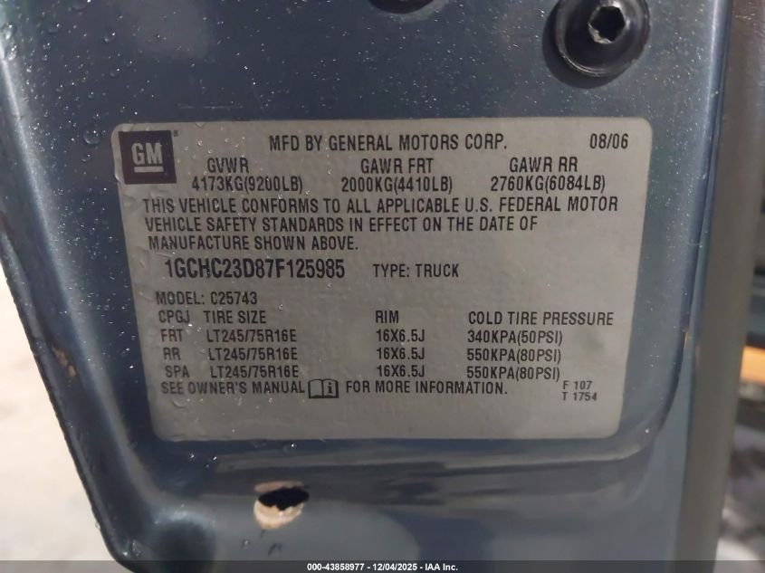 2007 Chevrolet Silverado 2500Hd Classic Lt1 VIN: 1GCHC23D87F125985 Lot: 43858977