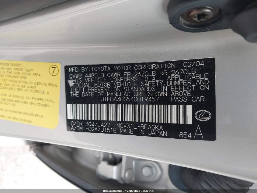 2004 Lexus Es 330 VIN: JTHBA30G540019457 Lot: 43858980