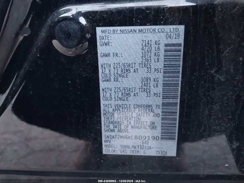 2019 Nissan Rogue S VIN: 5N1AT2MV6KC809190 Lot: 43858982