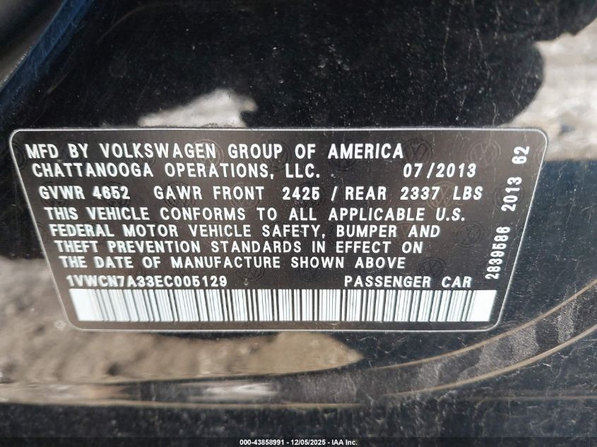 2014 Volkswagen Passat 2.0L Tdi Sel Premium VIN: 1VWCN7A33EC005129 Lot: 43858991