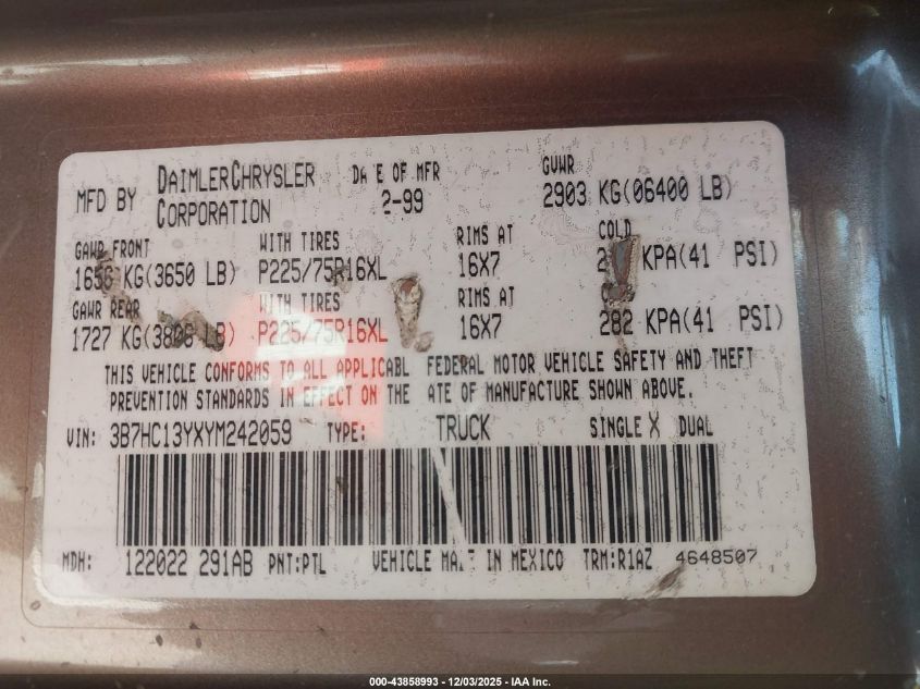 2000 Dodge Ram 1500 St VIN: 3B7HC13YXYM242059 Lot: 43858993