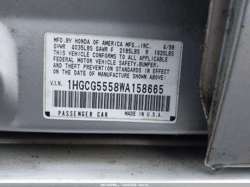 1HGCG5558WA158665 1998 HONDA ACCORD photo no. 9