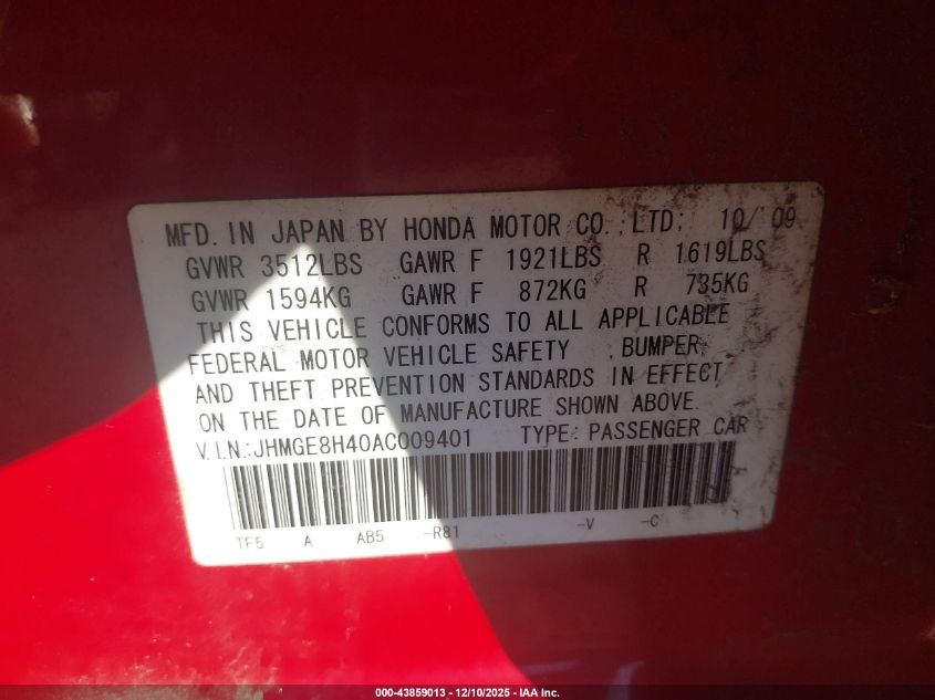 2010 Honda Fit Sport VIN: JHMGE8H40AC009401 Lot: 43859013