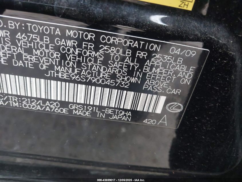 2009 Lexus Gs 350 VIN: JTHBE96S790045732 Lot: 43859017