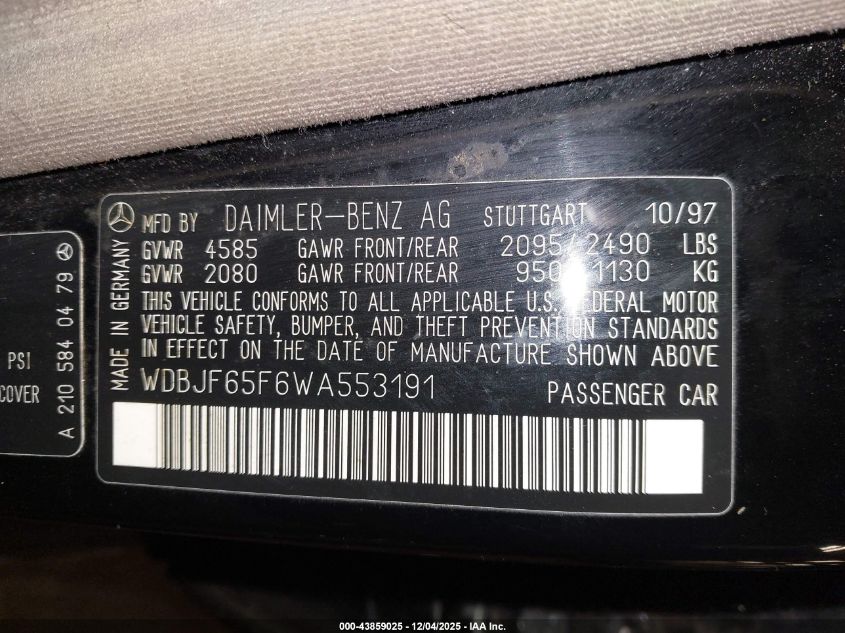 1998 Mercedes-Benz E 320 VIN: WDBJF65F6WA553191 Lot: 43859025