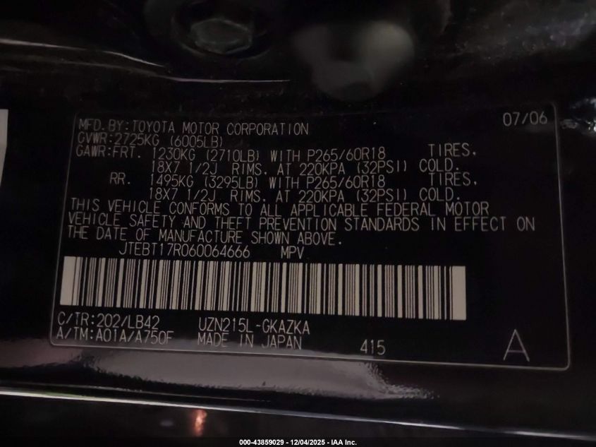 2006 Toyota 4Runner Limited V8 VIN: JTEBT17R060064666 Lot: 43859029