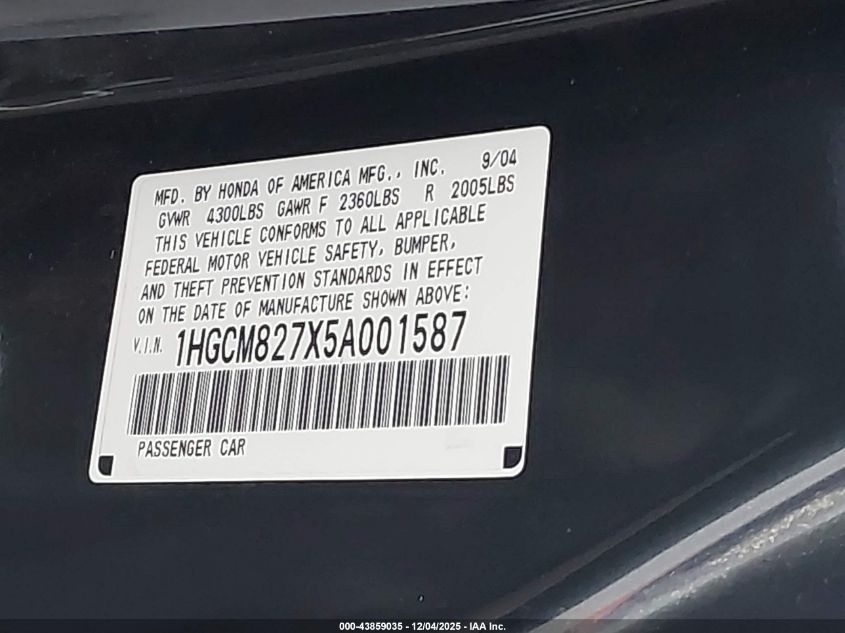 2005 Honda Accord 3.0 Ex VIN: 1HGCM827X5A001587 Lot: 43859035