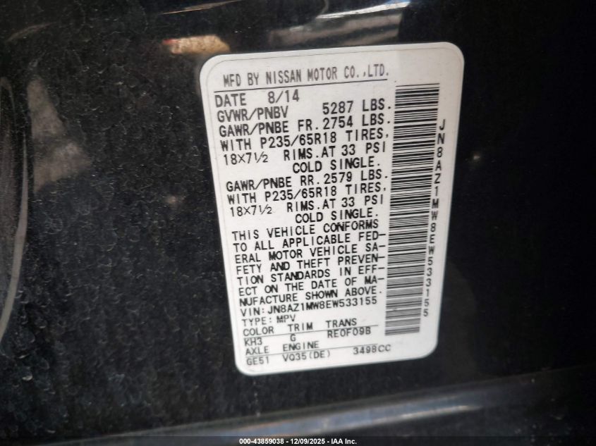 2014 Nissan Murano Sl VIN: JN8AZ1MW8EW533155 Lot: 43859038