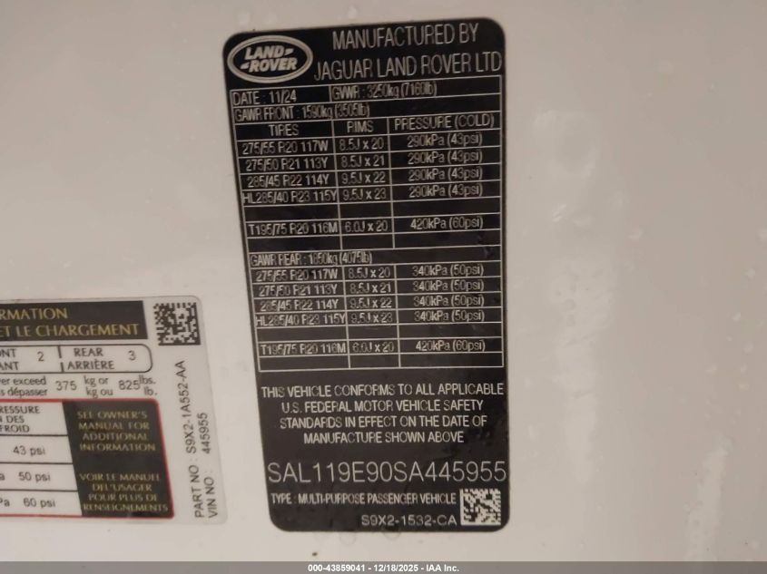 2025 Land Rover Range Rover Sport P530 Autobiography VIN: SAL119E90SA445955 Lot: 43859041