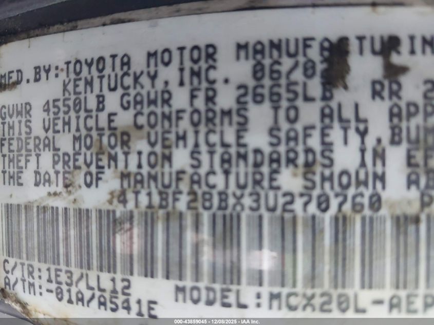 2003 Toyota Avalon Xl VIN: 4T1BF28BX3U270760 Lot: 43859045