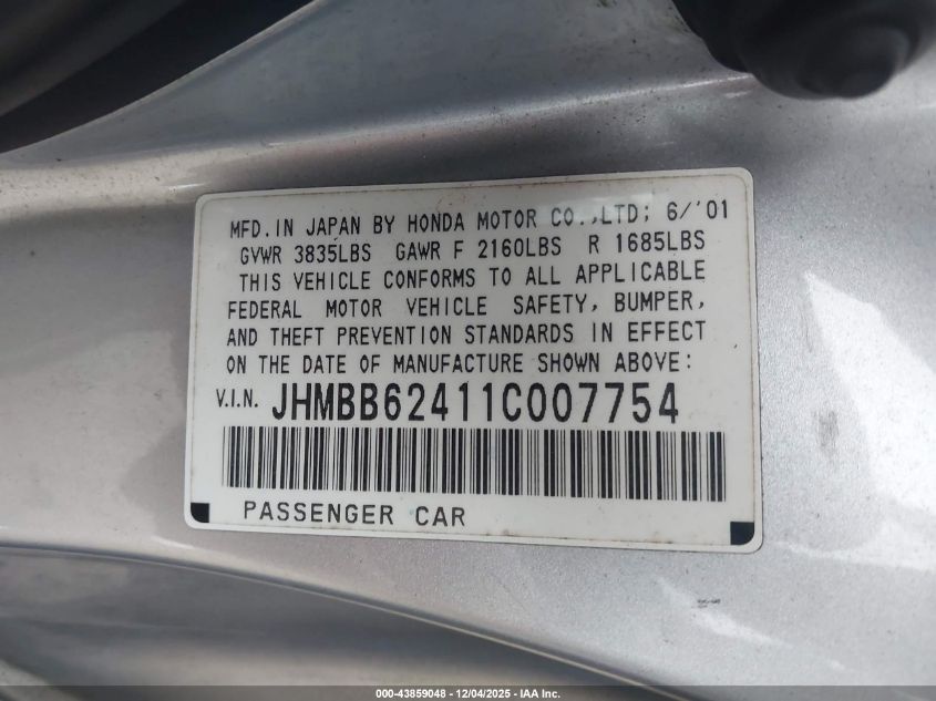 2001 Honda Prelude VIN: JHMBB62411C007754 Lot: 43859048