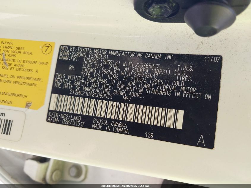 2008 Lexus Rx 350 VIN: 2T2HK31U48C089553 Lot: 43859059