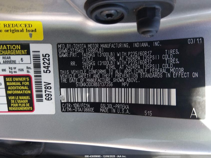 2011 Toyota Sienna Le V6 VIN: 5TDKK3DC8BS137356 Lot: 43859065