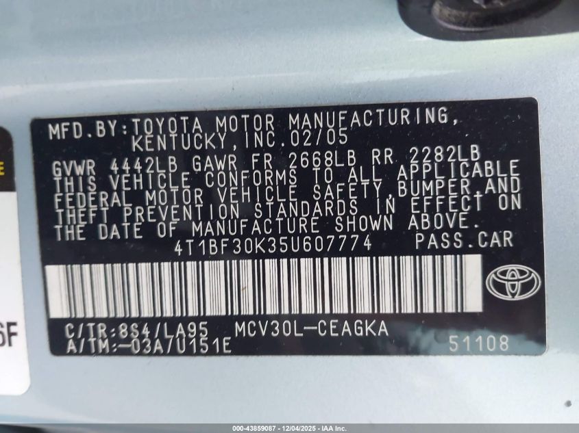 2005 Toyota Camry Xle V6 VIN: 4T1BF30K35U607774 Lot: 43859087